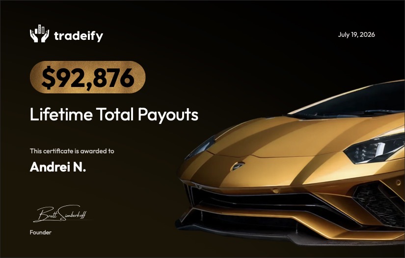 Tradeify certificate — $92,876 lifetime total payouts